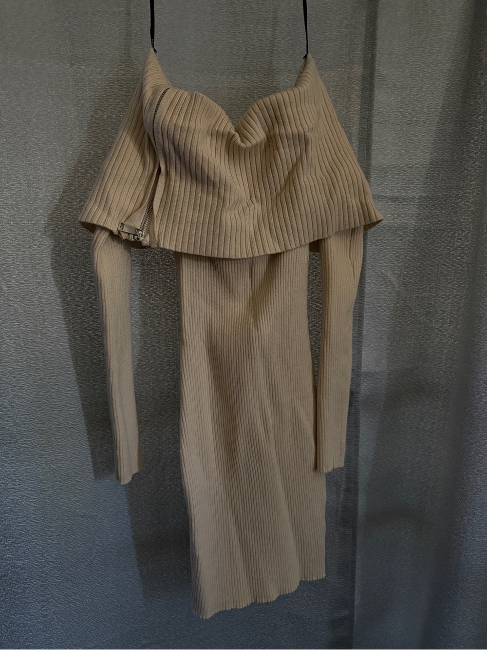 Forever 21 Beige Ribbed Off-Shoulder Long Sleeve Midi Dress